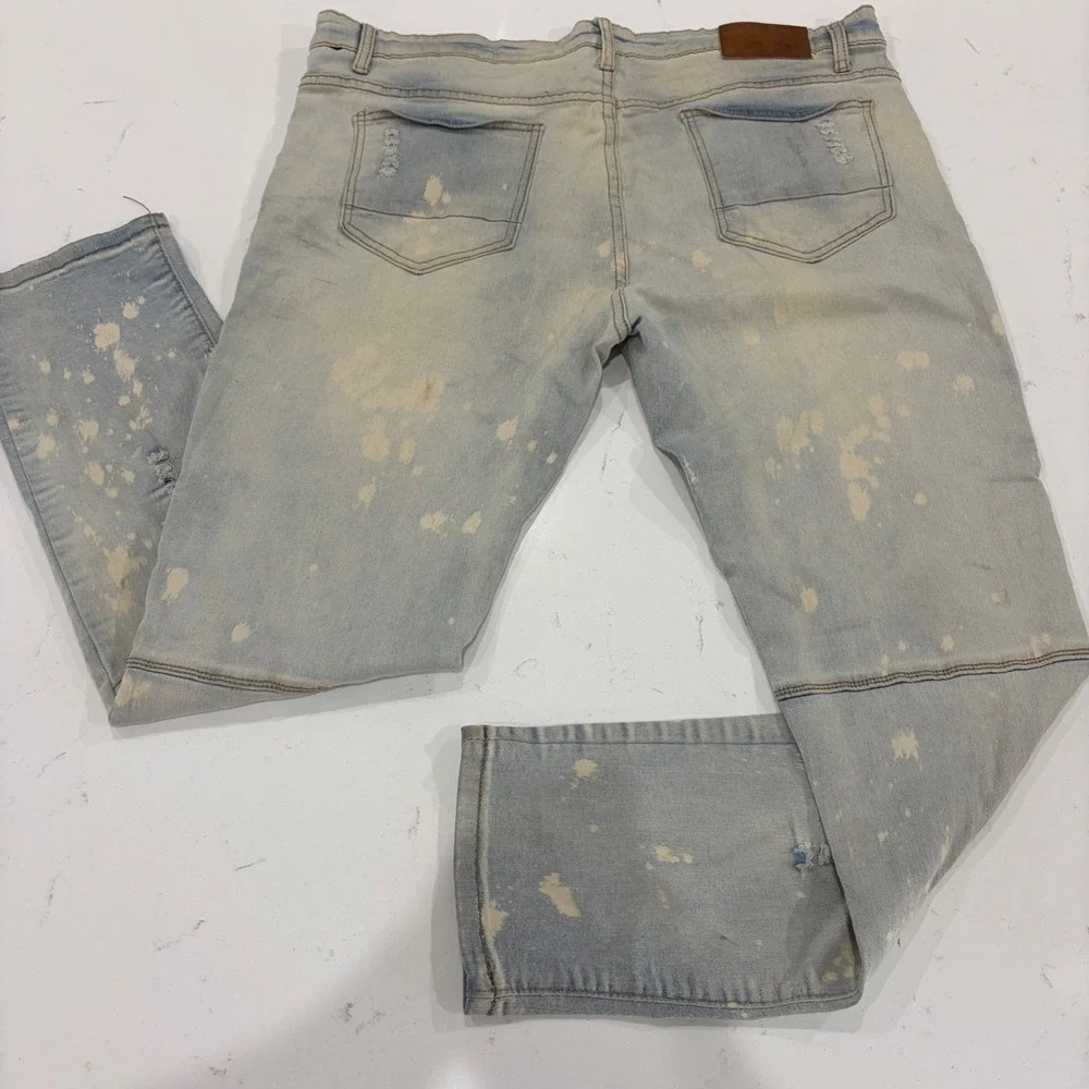Waimea Mens Skinny Fit Biker Jeans Light Wash Bleach Splatter Distressed 40x32